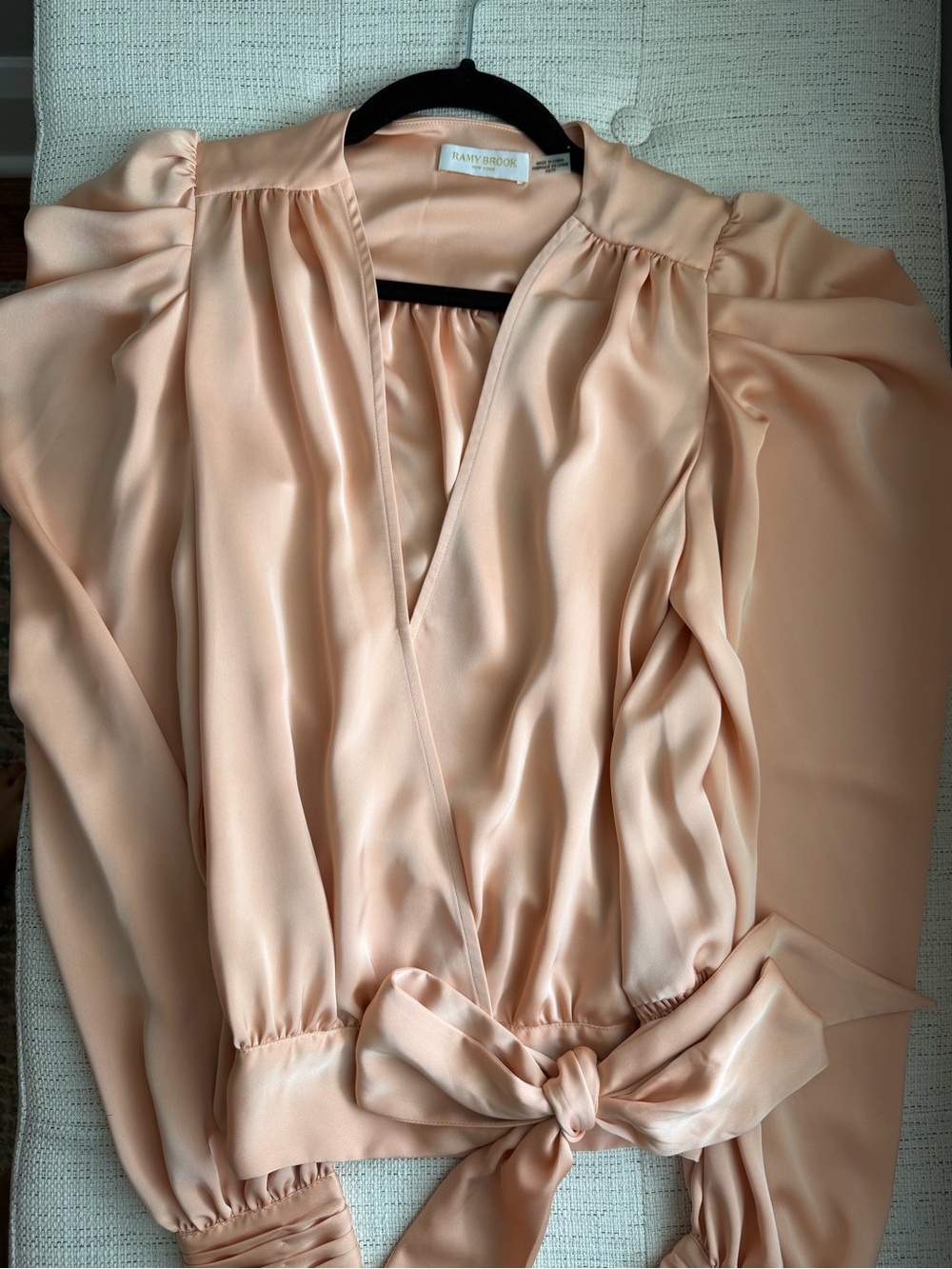 Ramy Brook Peach Satin Wrap Blouse with Tie Waist